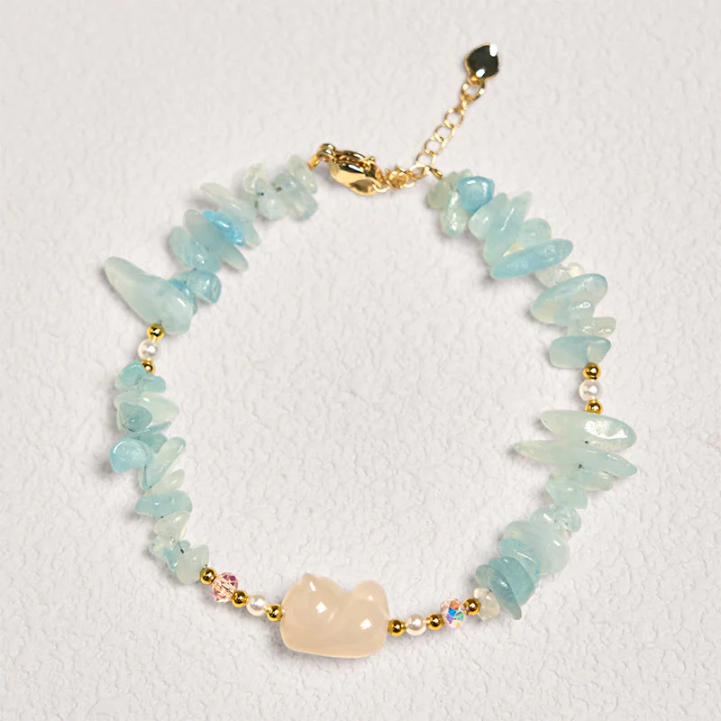Buddha Stones Natural Irregular Aquamarine Cute Cat Healing Bracelet