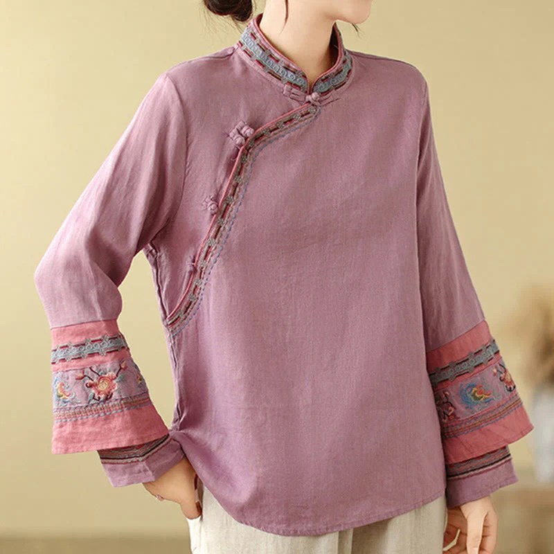 Buddha Stones Embroidered Slanted Buttons Cotton Linen Women's Shirt
