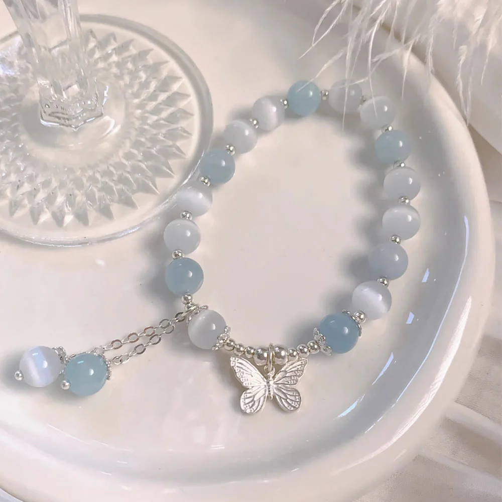 Buddha Stones Cat's Eye Aquamarine Butterfly Charm Support Bracelet
