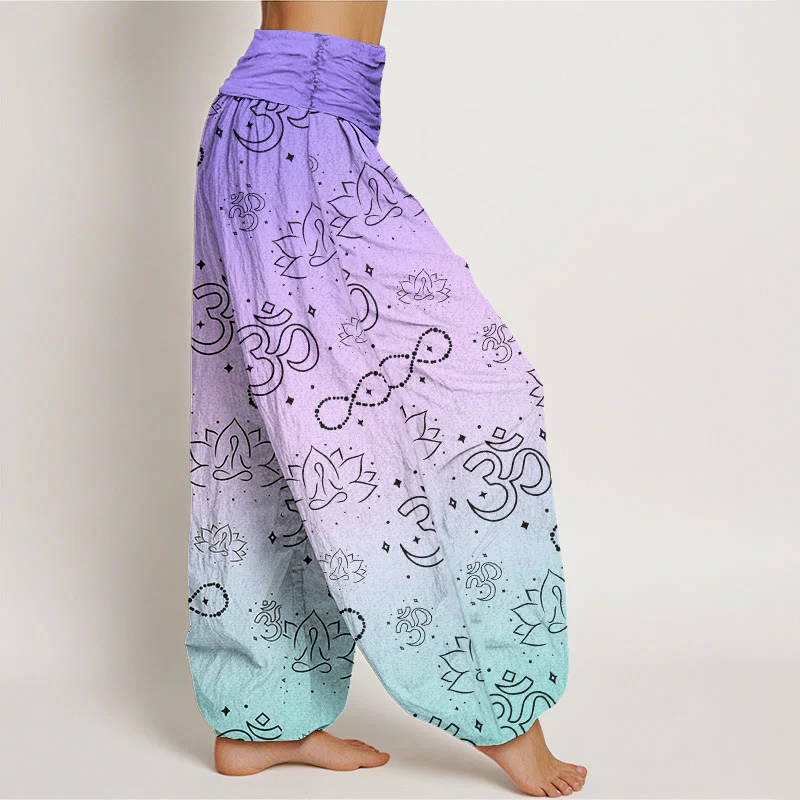 Buddha Stones OM Symbol Lotus Meditating Figure Infinity Pattern Women's Elastic Waist Harem Pants