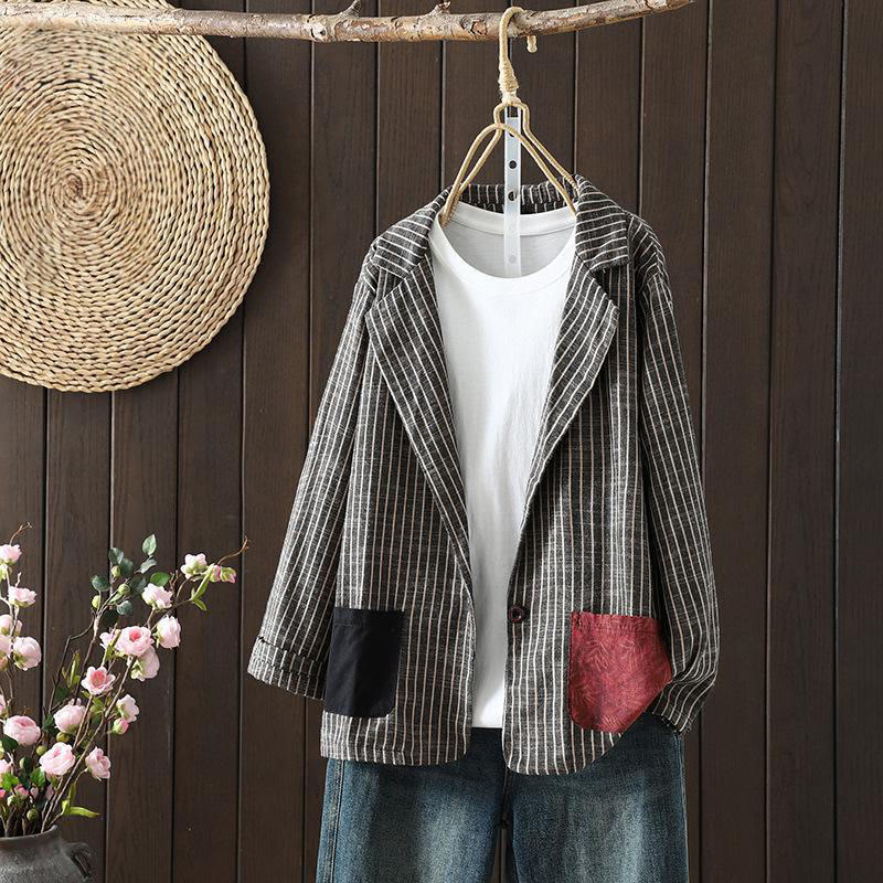 Buddha Stones Splicing Stripes Women's Cotton Linen Jacket With Pockets