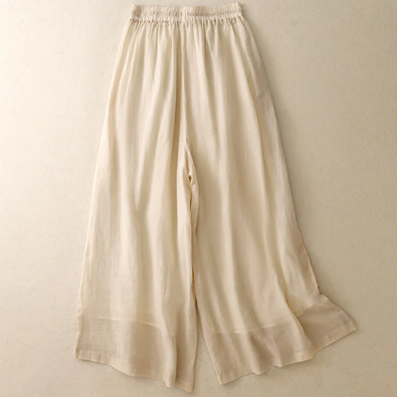 Buddha Stones Commute Solid Color Embroidery Drawstring Women's Wide Leg Ankle-Length Cotton Pants With Pockets