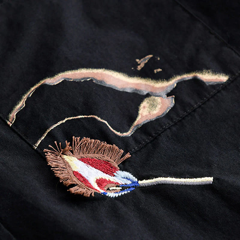 Buddha Stones Casual Embroidery Match Flame Pattern Lapel Men's Short Sleeve Cotton Shirt With Pocket