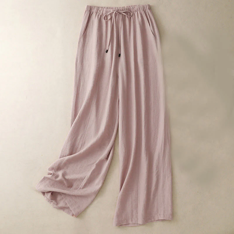 Buddha Stones Summer Drawstring Design Women's Wide Leg Pants With Pockets
