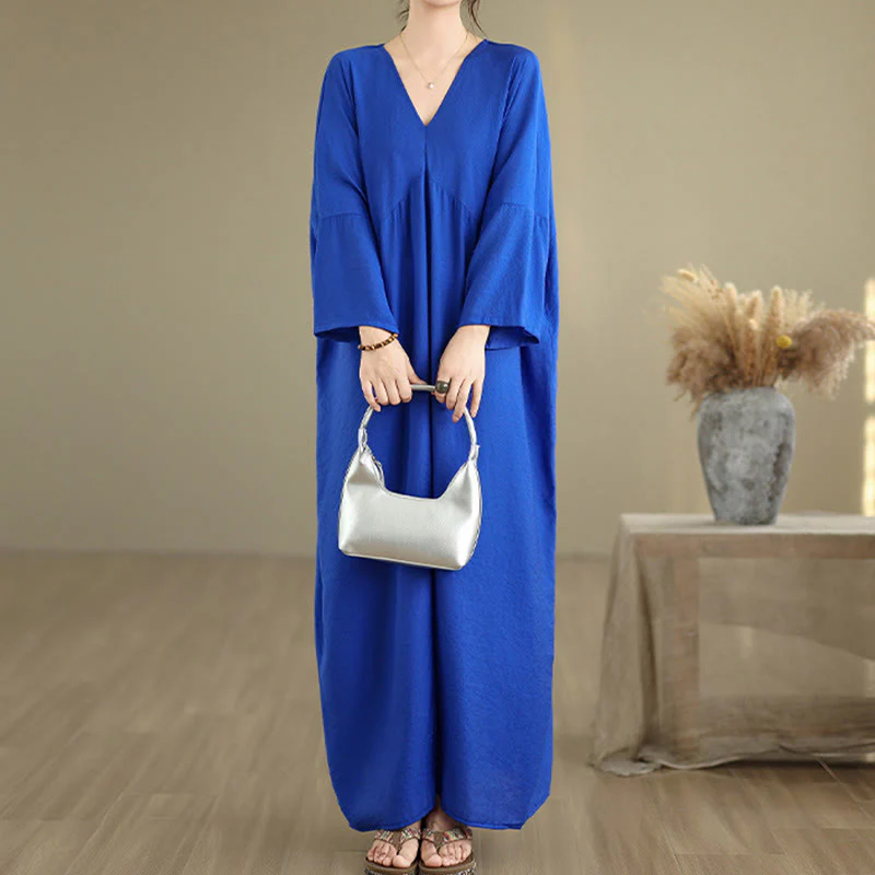 Buddha Stones Fall Casual V-Neck Long Sleeve Cotton Midi Dress