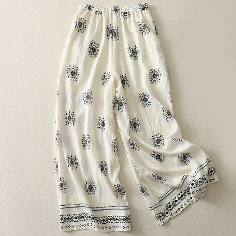 Buddha Stones Bohemian Printing Celestial Pattern Women's Wide Leg Cotton Pants With Pockets