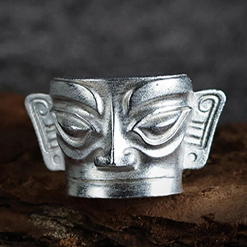 Buddha Stones 999 Sterling Silver Hand Casting Sanxingdui Mask Protection Ring