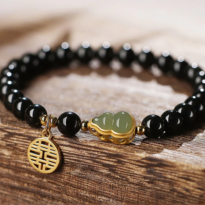Buddha Stones Natural Black Obsidian Hetian Jade Gourd Double Happiness Strength Bracelet