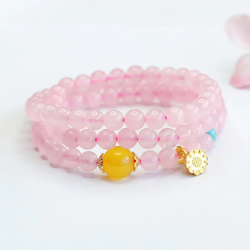 Buddha Stones Pink Crystal Multi-Circle Yellow Chalcedony Lotus Warmth Bracelet