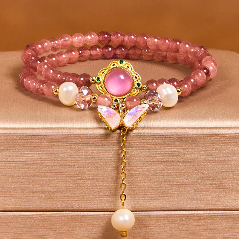 Buddha Stones Natural Strawberry Quartz Pearl Butterfly Water Drop Positive Double Wrap Bracelet