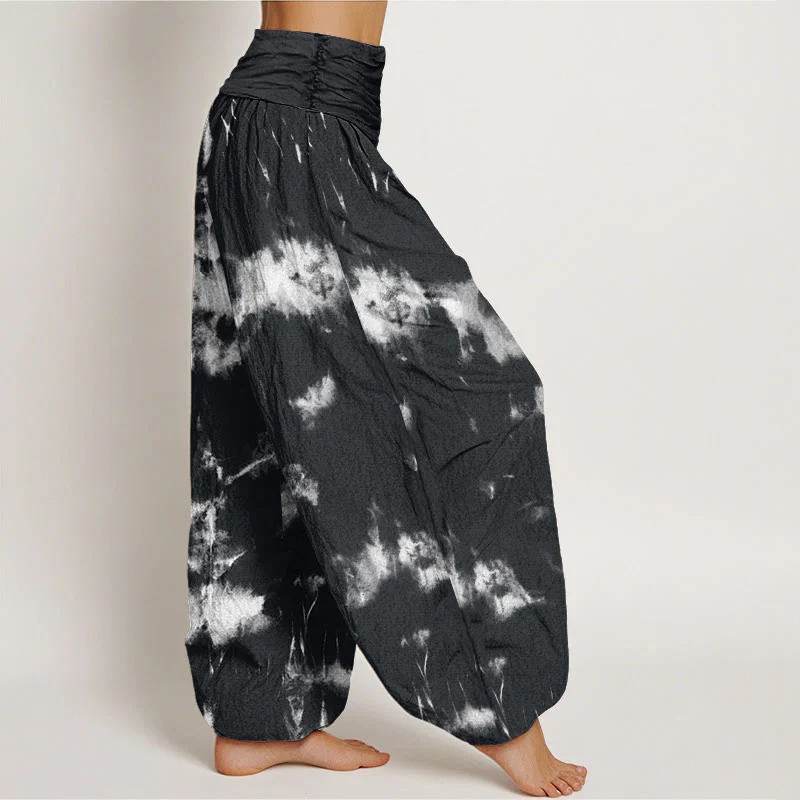 Buddha Stones White Lines Spots Tie-Dye Pattern Women's Elastic Waist Harem Pants