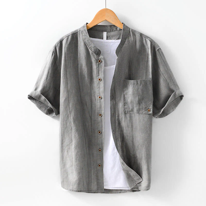 Buddha Stones Vintage Simple Buttons Design Men's Short Sleeve Cotton Linen Shirt With Pocket
