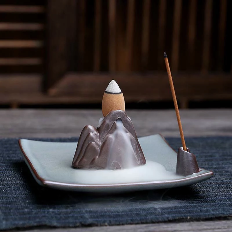 Buddha Stones Lotus Plum Blossom Square Ceramic Spiritual Backflow Incense Burner