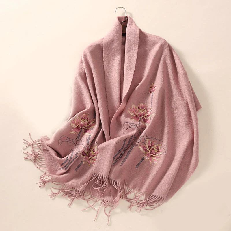 Buddha Stones Wool Shawl Lotus Embroidery Tassel Winter Cozy Travel Scarf Wrap