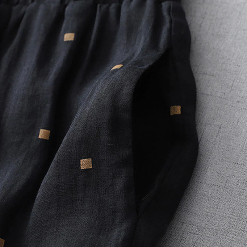 Buddha Stones Summer Casual Polka Dot Pattern Design Cotton Linen Women's Wide Leg Pants With Pockets