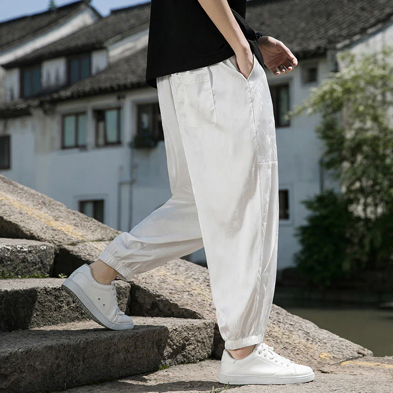 Buddha Stones Summer Ice Silk Jacquard Bamboo Pattern Men's Drawstring Cotton Pants With Pockets