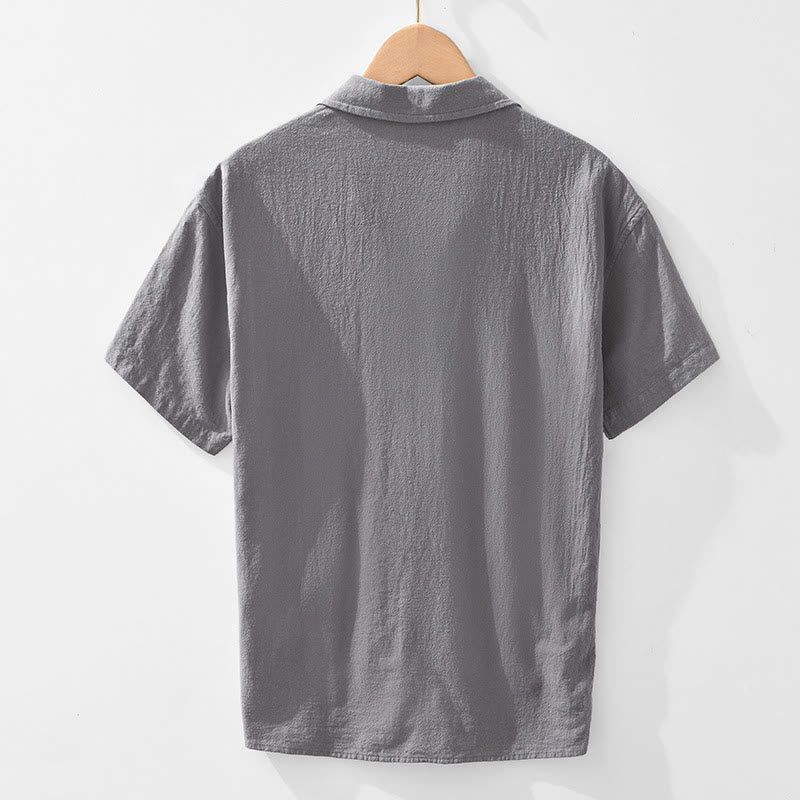 Buddha Stones Vintage Plain Simple Design Men's Short Sleeve Cotton Linen Shirt Clothing With Pockets