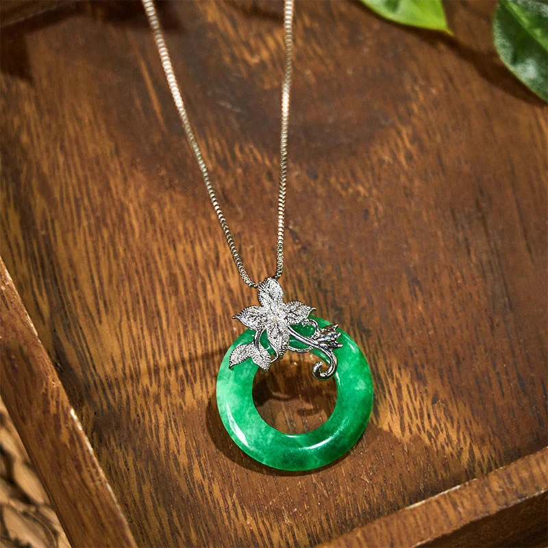 Buddha Stones Cyan Jade Peace Buckle Alloy Flower Healing Luck Necklace Pendant