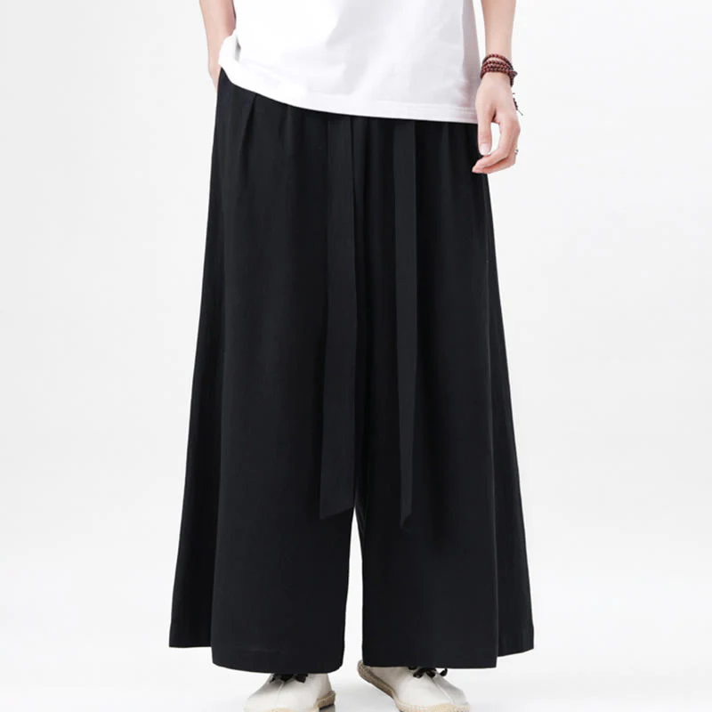 Buddha Stones Spring Casual Sports Drawstring Design Men's Cotton Linen Wide Leg Pants With Pockets
