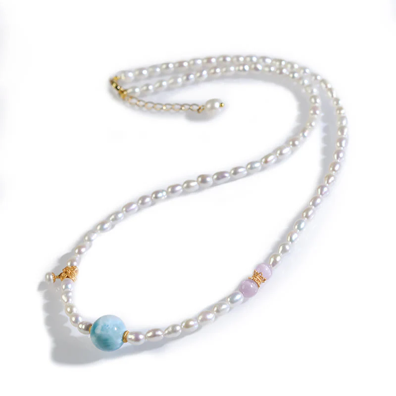 Buddha Stones 925 Sterling Silver Natural Pearl Larimar Sincerity Necklace Pendant