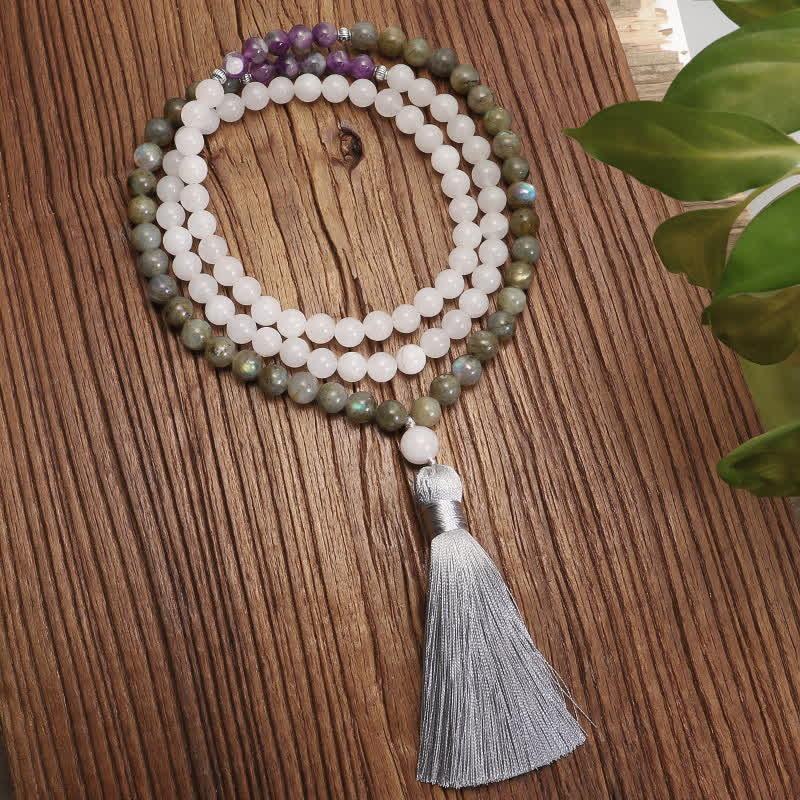 Buddha Stones 108 Mala Beads White Agate Amethyst Black Glitter Stone Protection Bracelet