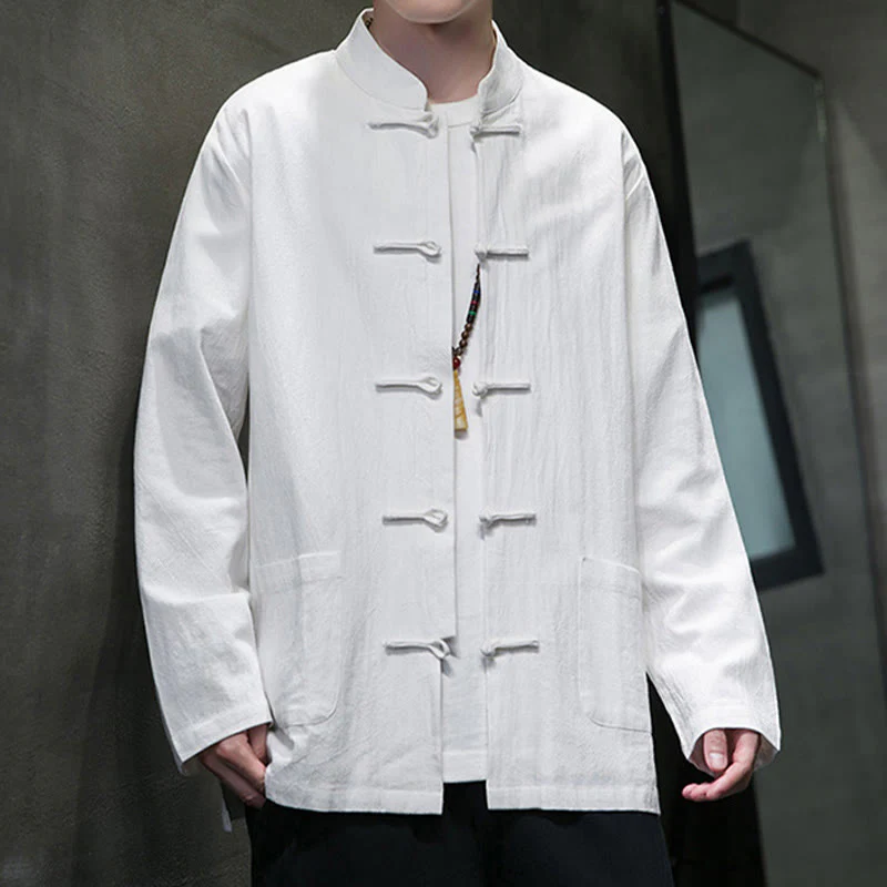 Buddha Stones Simple Frog-Button Chinese Tang Suit Cotton Men Jacket Shirt With Pockets