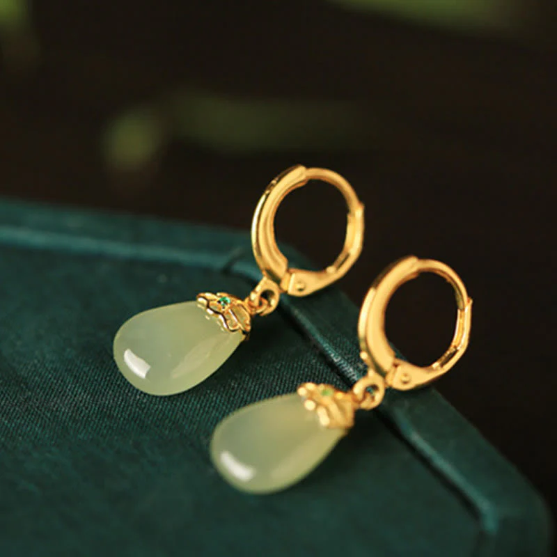 Buddha Stones Green Chalcedony Water Drop Strength Copper Posts Earrings