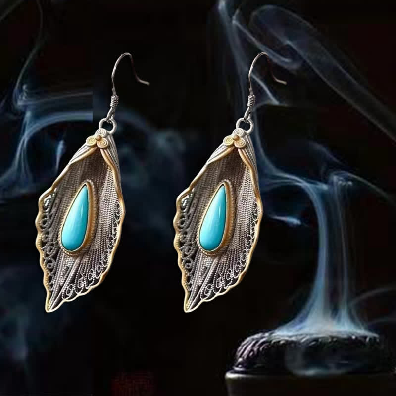 Buddha Stones 925 Sterling Silver Turquoise Bodhi Leaf Pattern Protection Drop Dangle Earrings