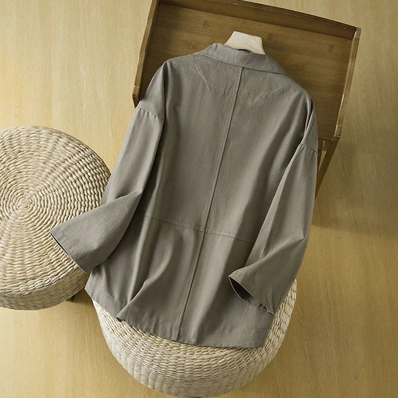 Buddha Stones Plain Button Women's Cotton Suit Jacket With Pockets