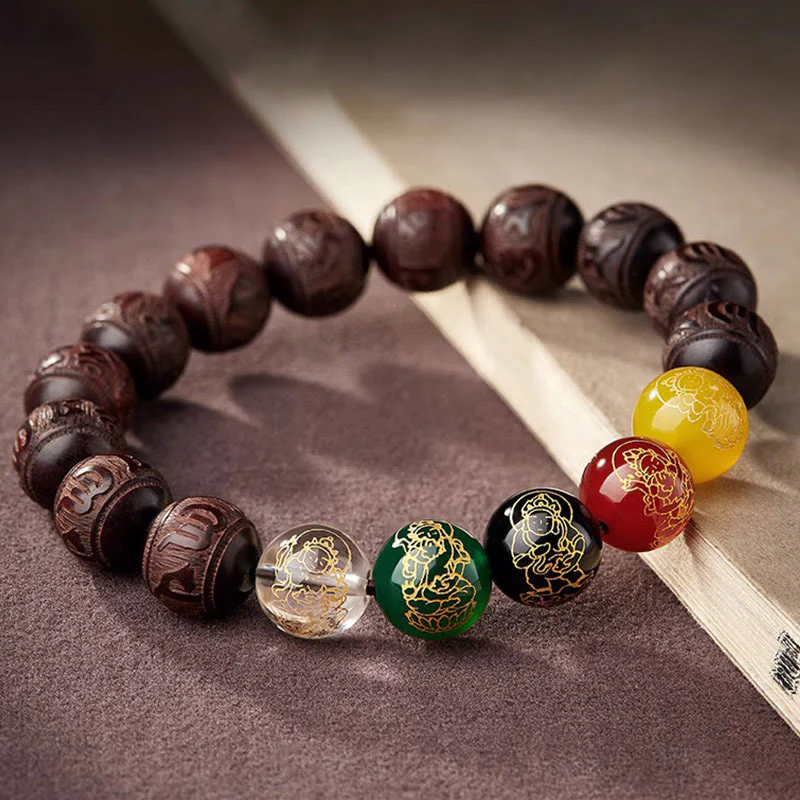 Buddha Stones Small Leaf Red Sandalwood Five Directions Gods of Wealth Calm Bracelet