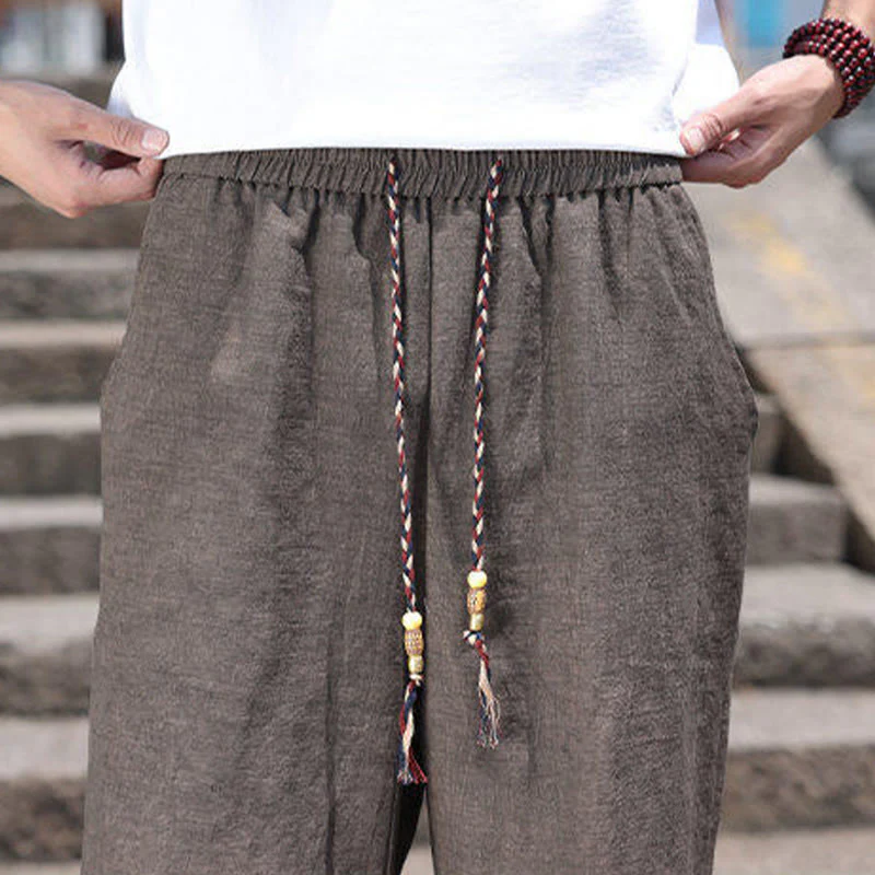 Buddha Stones Weaving Waist Rope Beads Cropped Linen Men's Shorts With Pockets