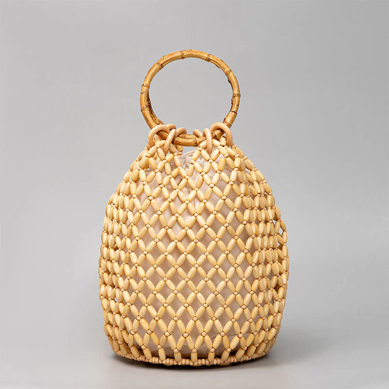 Buddha Stones Hand-woven Wooden Beads Bamboo Handle Shoulder Bag Handbag