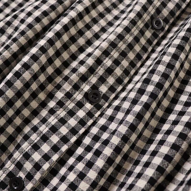 Buddha Stones Casual Plaid Simple Buttons Ruffled Design Cotton Linen Midi Dress With Pockets