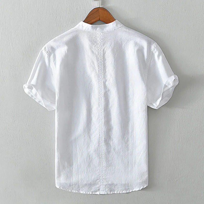 Buddha Stones Causal Simple Design Short Sleeve Cotton Linen Half Button Men's Shirt