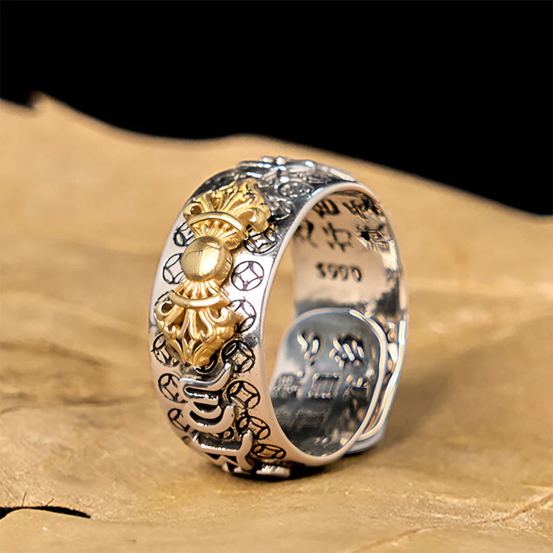 Buddha Stones Vintage Om Mani Padme Hum Vajra Copper Plated Silver Balance Ring