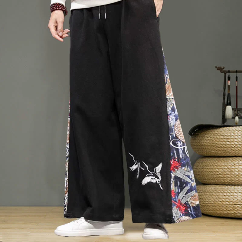 Buddha Stones Crane Embroidery Drawstring Men's Cotton Linen Wide Leg Pants With Pockets