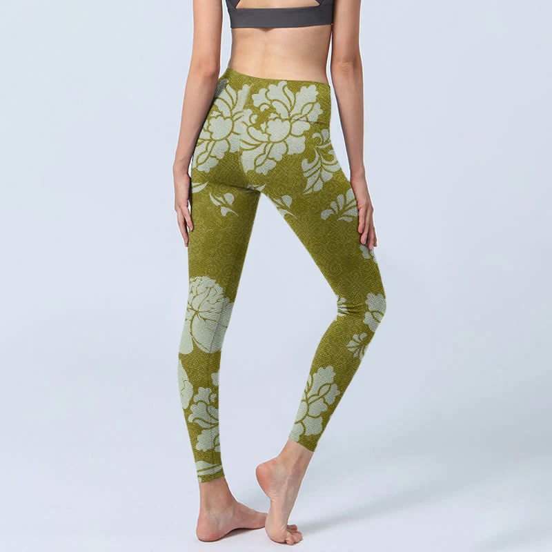 Buddha Stones Monochrome Flowers Print Gym Leggings Women's Yoga Pants
