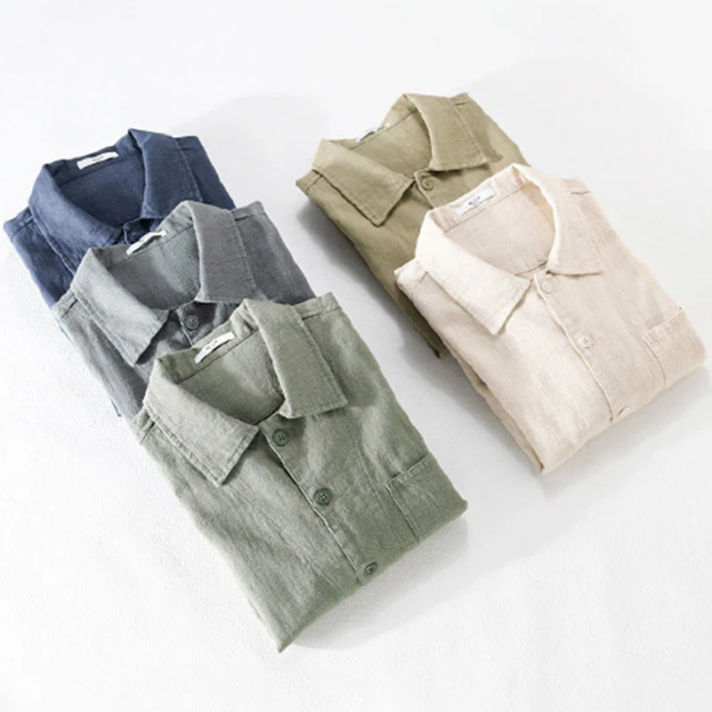 Buddha Stones Commute Men's Plain Buttons Design Cotton Linen Long Sleeve Shirt With Pockets