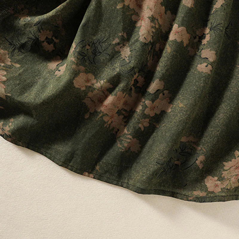 Buddha Stones Casual Printing Drawstring Chinese Frog-Button Cotton Linen Midi Dress With Pockets