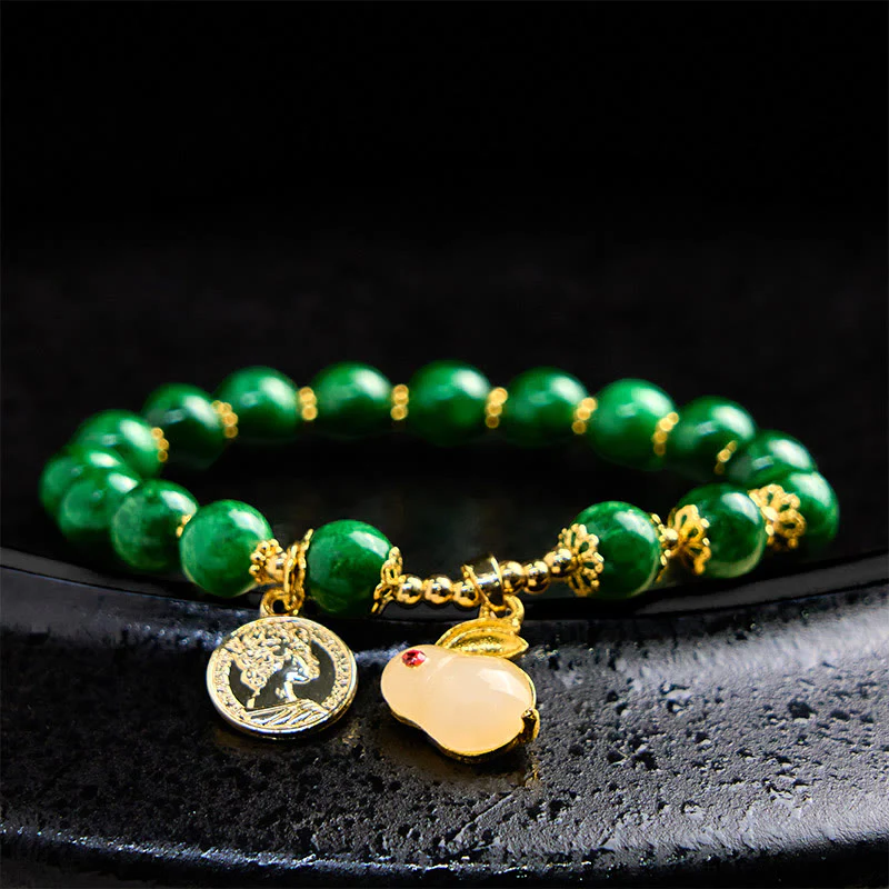 Buddha Stones Green Calcite Lovely Rabbit Charm Clarity Bracelet