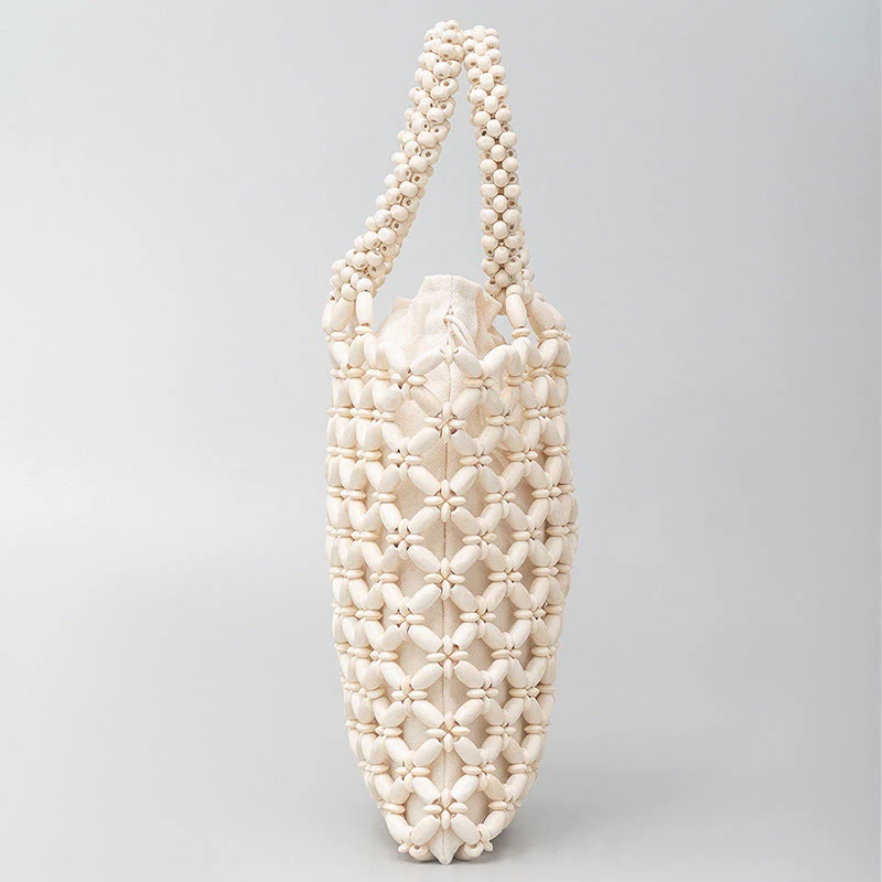 Buddha Stones Hand-woven Lozenge Wooden Beads Handbag