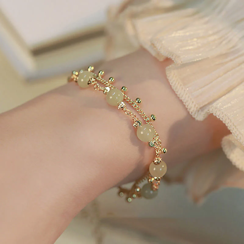 Buddha Stones 14K Gold Plated 2 Layers Hetian Jade Bead Luck Prosperity Bracelet