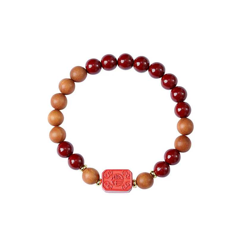 Buddha Stones Cinnabar Wood Beads Lotus Fu Character Blessing Bracelet