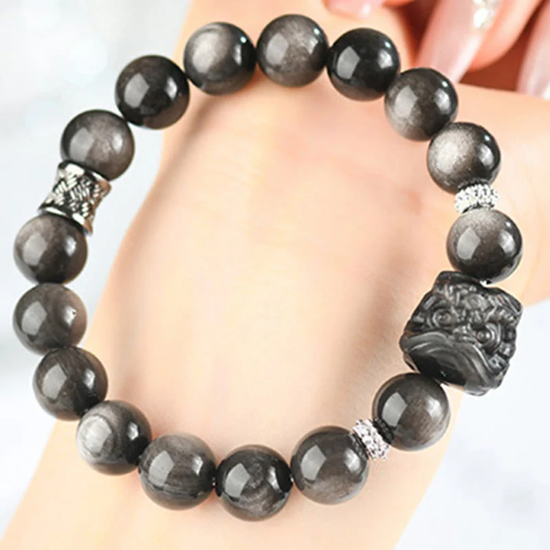 Buddha Stones Natural Silver Sheen Obsidian Lion Dance Protection Bracelet