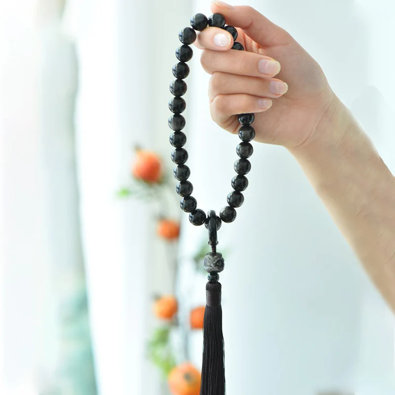 Buddha Stones Natural Silver Sheen Obsidian Lion Wrist Mala Protection Tassels Pocket Mala Car Decoration