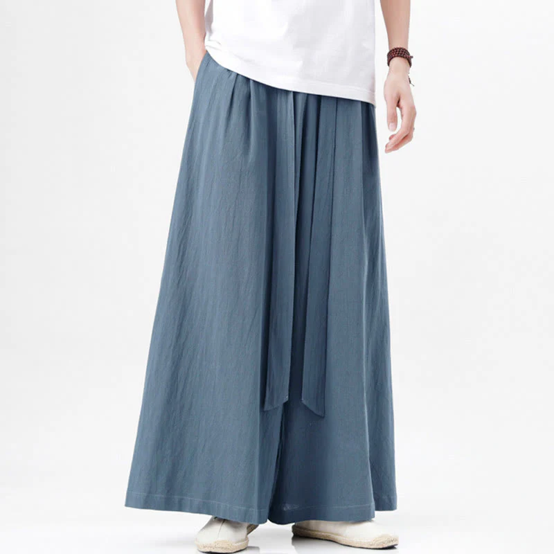 Buddha Stones Spring Casual Sports Drawstring Design Men's Cotton Linen Wide Leg Pants With Pockets