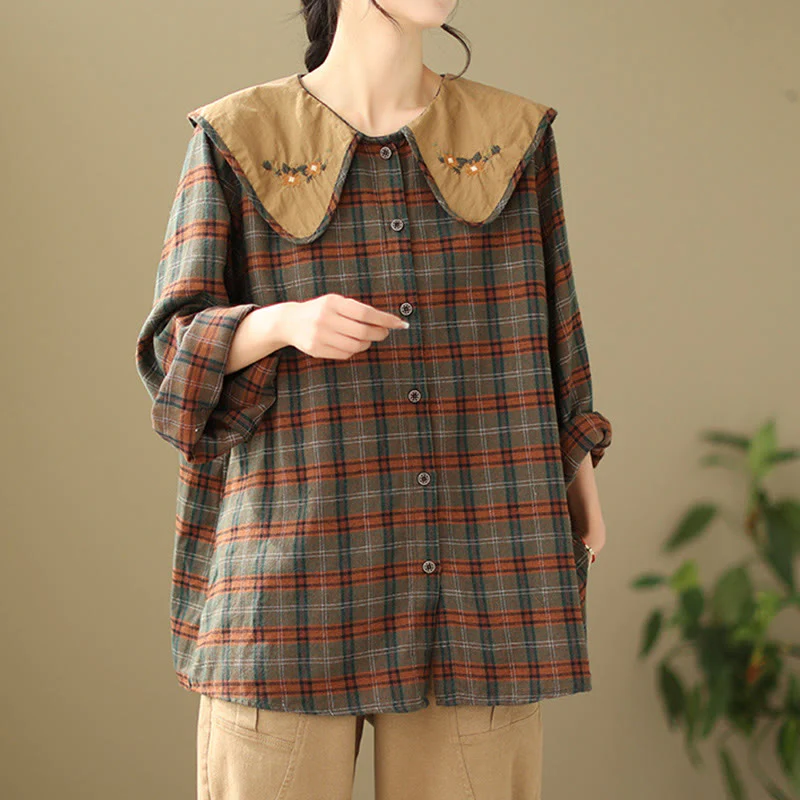 Buddha Stones Embroidered Plaid Pattern Cotton Women's Shirt
