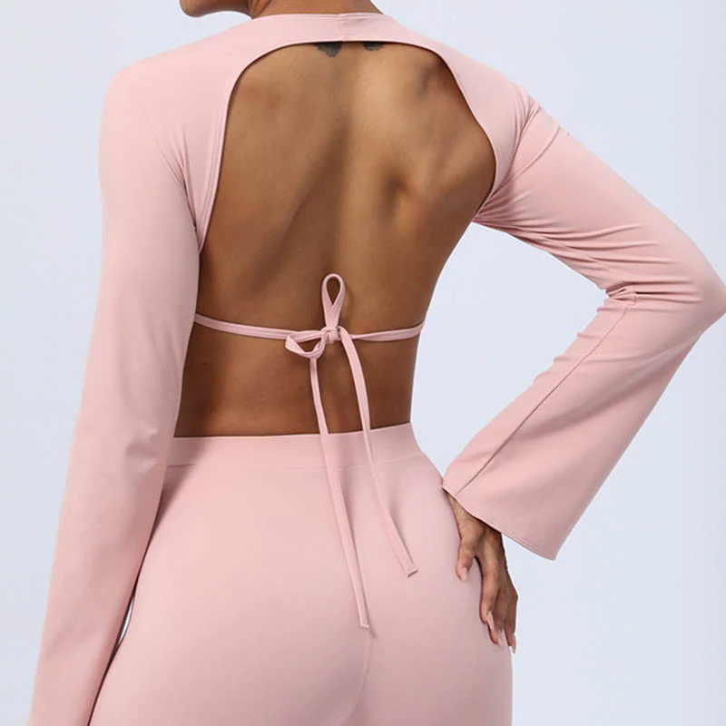 Buddha Stones Long Sleeve Backless Strap Top Bra Flare Pants Fitness Yoga Outfit