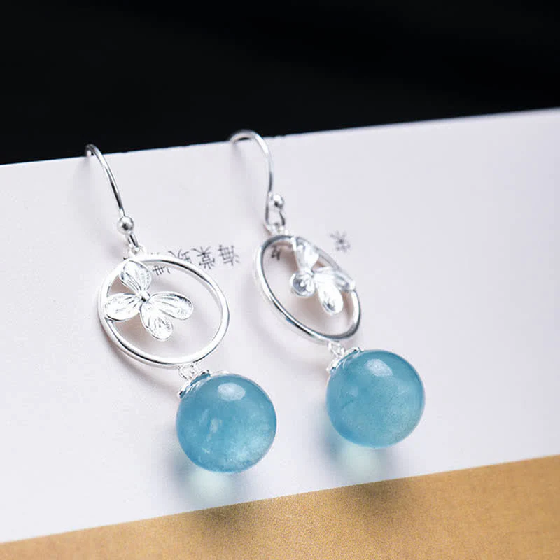 Buddha Stones 925 Sterling Silver Natural Aquamarine Leaf Flower Peace Earrings Necklace