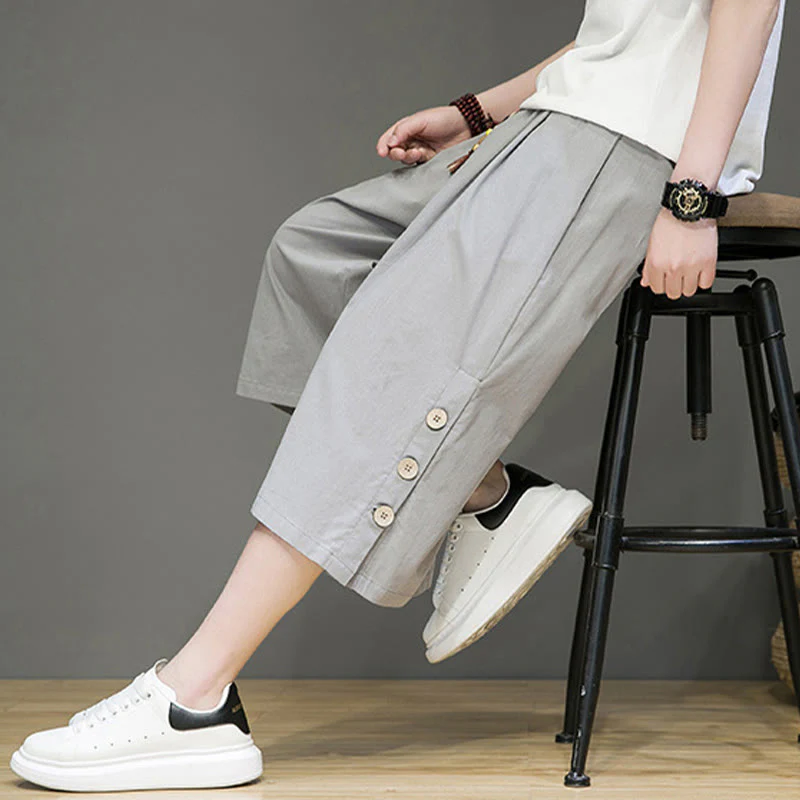 Buddha Stones Casual Plain Side Button Design Drawstring Men's Cotton Cropped Pants With Pockets